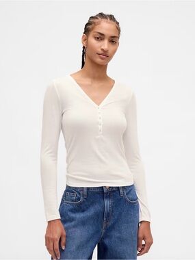 GAP Women's Mustard Long-Sleeve Henley V-Neck Top